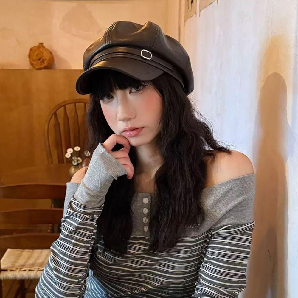Versatile PU Beret Cap Solid Color Octagonal hat Casual Leather Painter Hat Woman
