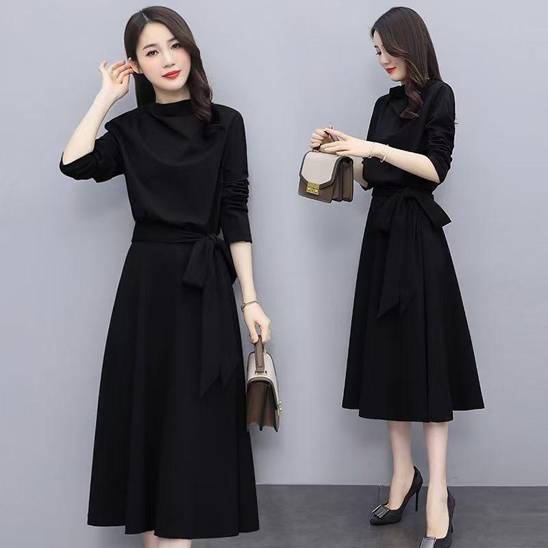Elegant A-line Long Sleeve High Neck Dress with Bow Tie for Women - Spring/Autumn Collection
