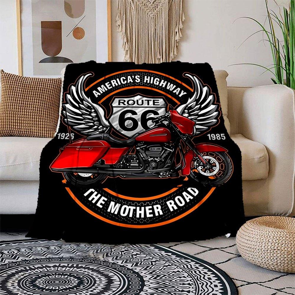 

Route 66 Motorcycle T-Shirt - America s Highway TeeBlanket Flannel Throw Blanket for Sofa, Bed, Travel, Camping, Office, Couch, Chair, And B 130x150cm