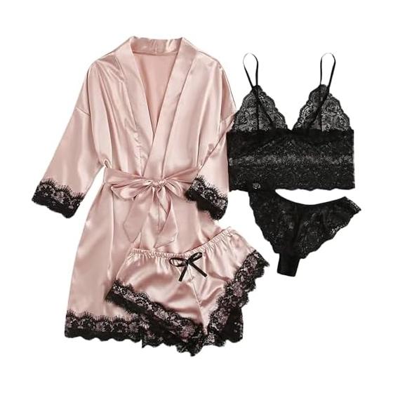 [YunXiozy Star] Pajama Set, 4 Piece Set, Sexy Room Wear Set, Satin, Sheer, Nightgown, Women s, Nightgown, Lace, Bathrobe, Lingerie Set, Floral Lace,