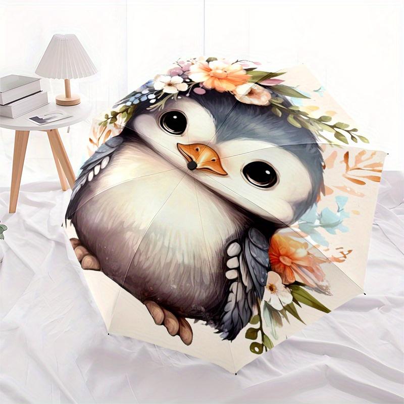 Penguin, Floral Automatic folding umbrella simple eight rib design, bright color pattern, durable iron frame, ideal for travel and outdoor,