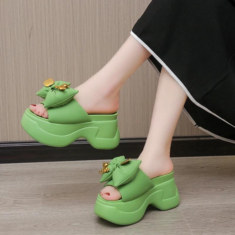 Fashion 9CM High Platform Slippers Women Solid Color Thick Sole Leather Sandals Woman Chunky Summer Casual Beach Slides Zapatos Mujer