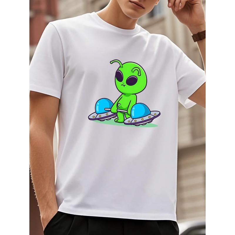 

European Size Men S Green Alien UFO Graphic T-Shirt - Sci-Fi Cartoon Design, Casual Round Neck Tee for Spring/Summer/Fall 4XL білий