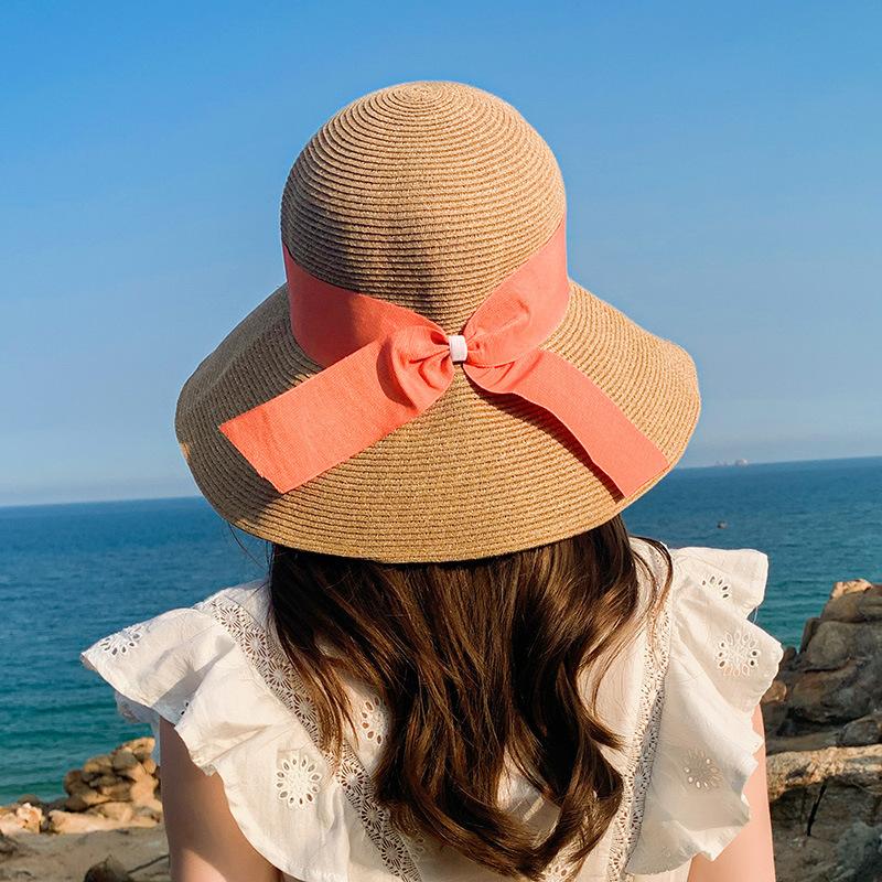 Bow straw hat women's summer seaside vacation fashion beach hat big brim shading sun protection show small face