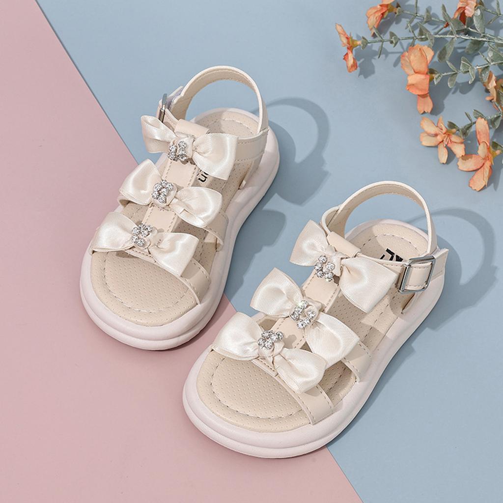 Girls Open Toe Sandals Summer Bowknot Design Adjustable Buckle Strap Comfortable Sole Lightweight Beach Shoes for Kids