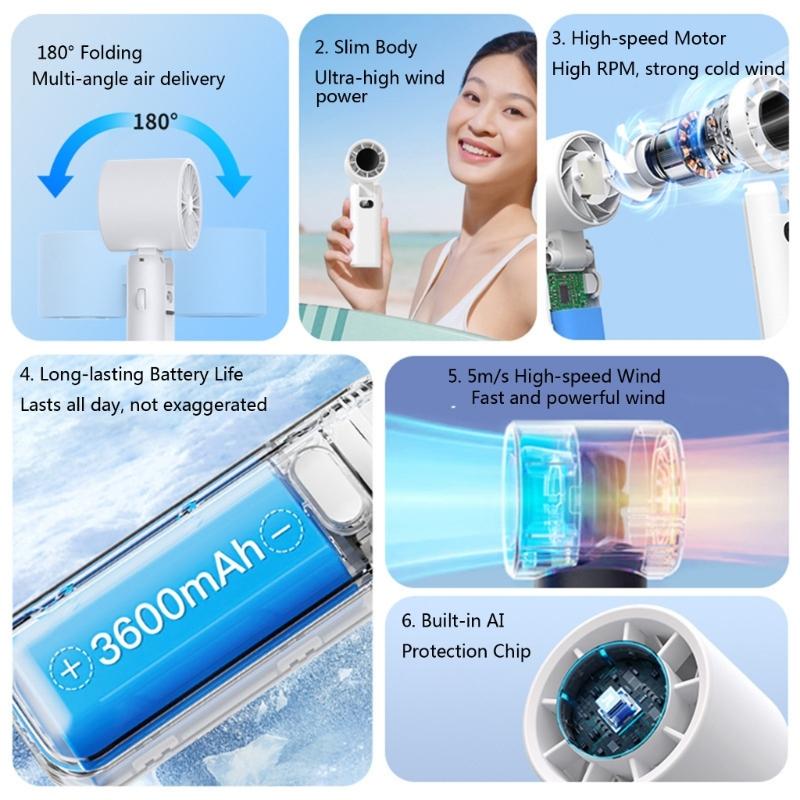 Portable Foldable Desk Fan USB Rechargeable Cordless Fan With Adjustable 5 Speed For Home Office Travel Bedroom