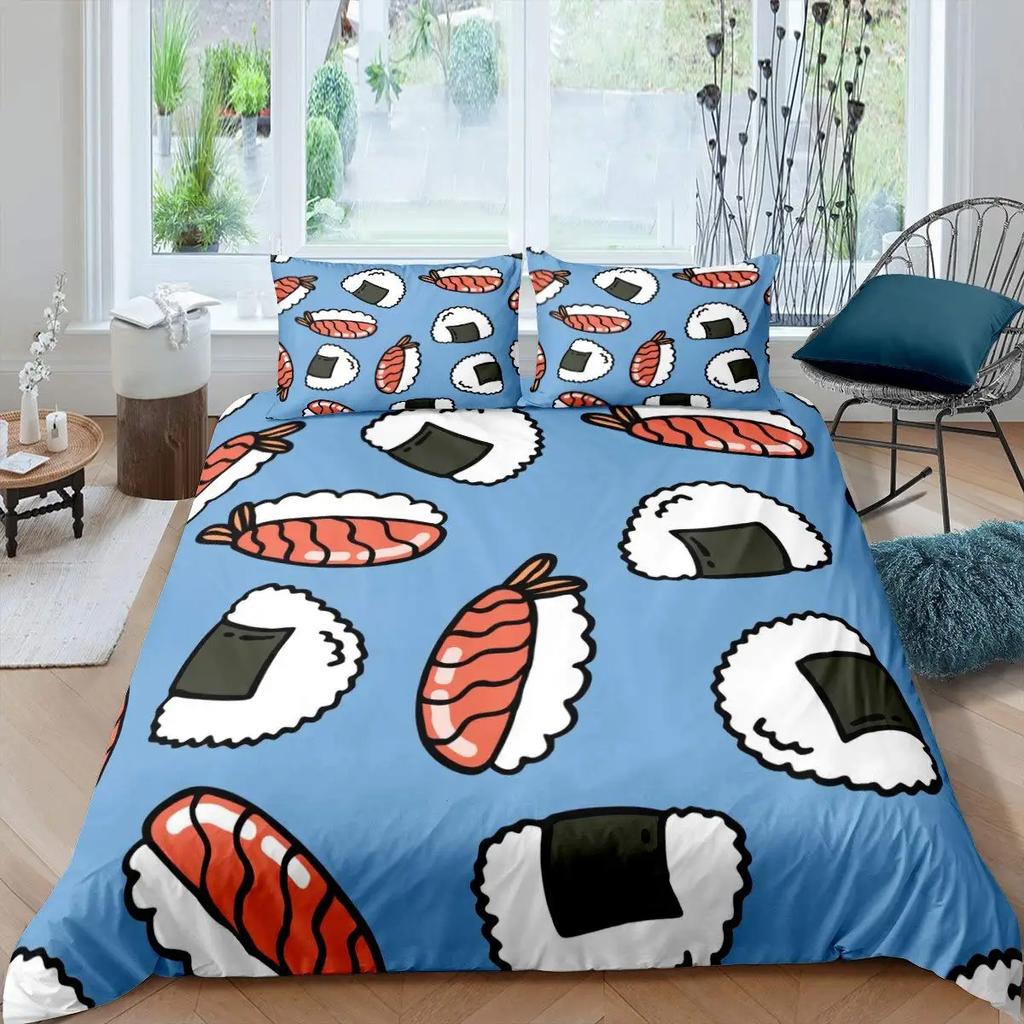 Sushi Comforter Cover,Kawaii Rice Printed Duvet Cover,Cartoon Sushi Food Bedding,Salmon Caviar Sushi Japanese Style Quilt Cover
