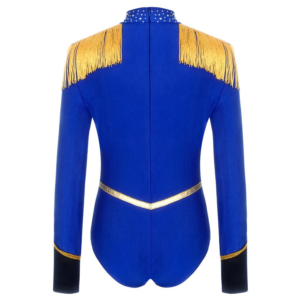 Children‘s Circus Themed Leotard Sparkly Rhinestones Long Sleeve Tassel Shoulder Pads Contrast Color Bodysuit for Stage Performance