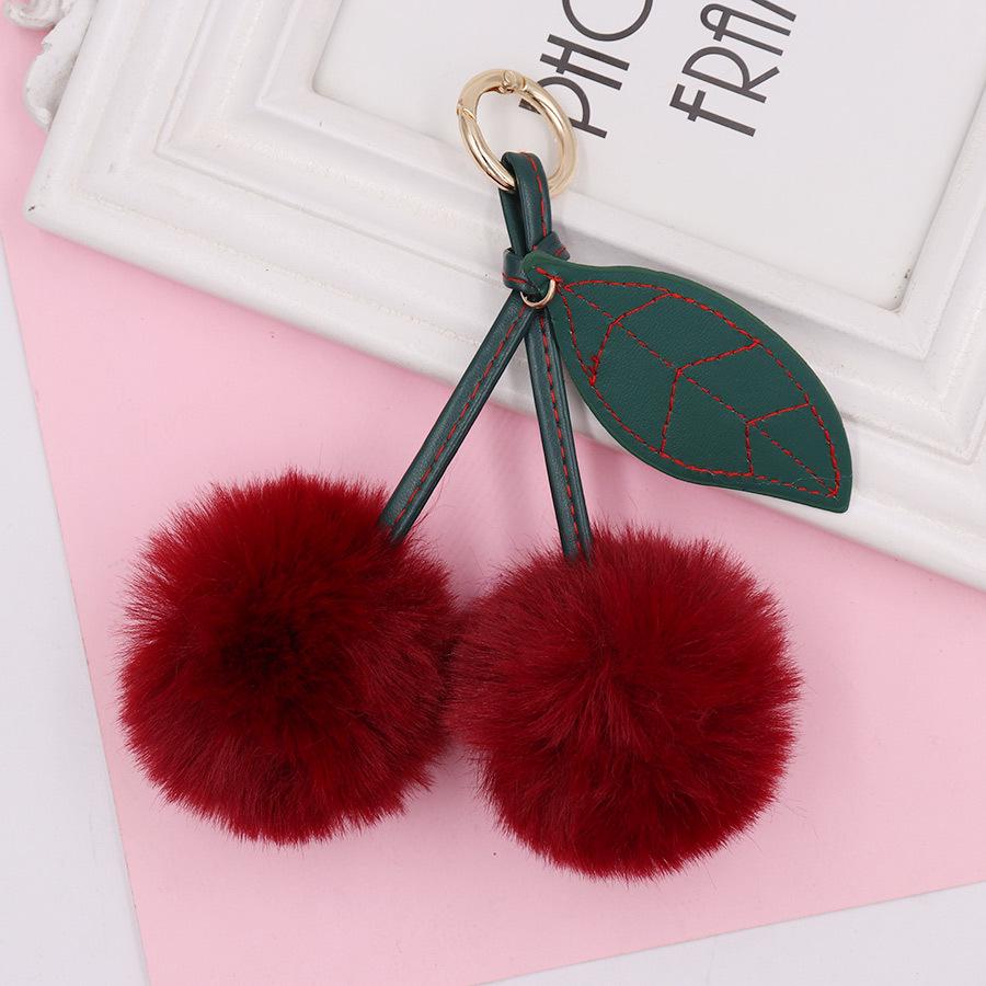 Cherry Plush Fur Ball Keychain for Women - Bag, Backpack, and Car Ornament