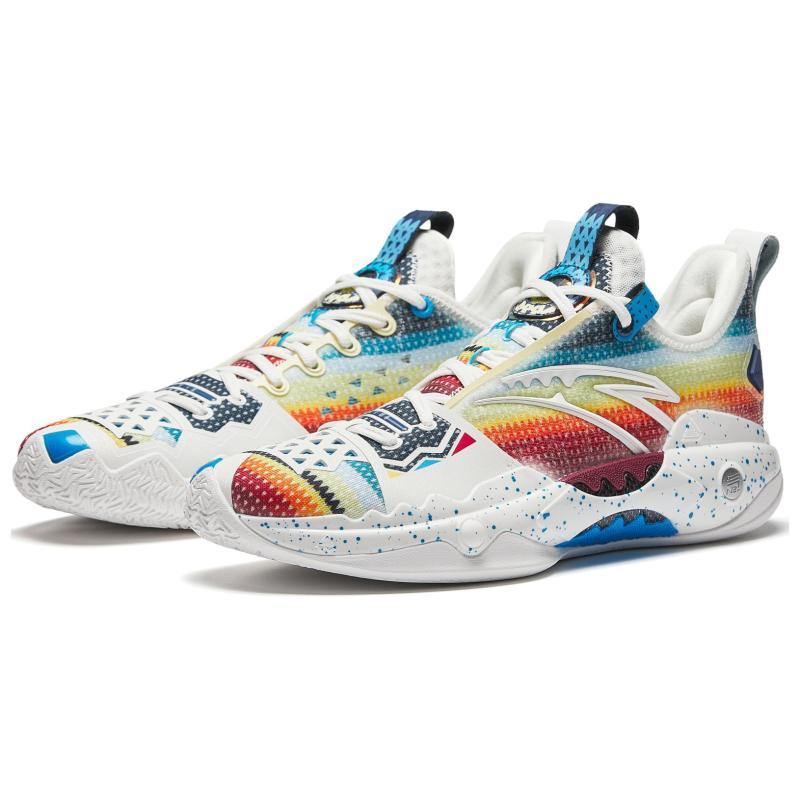 Anta Shock Wave 5 Pro Cushioning, Wear Resistant Low top Basketball Shoes Men's White Blue Red Sneakers 112421111S-4