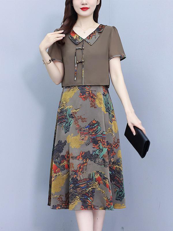 

Elegant Summer Cheongsam Dress for Middle-Aged Women - Two-Piece Style XL хаки