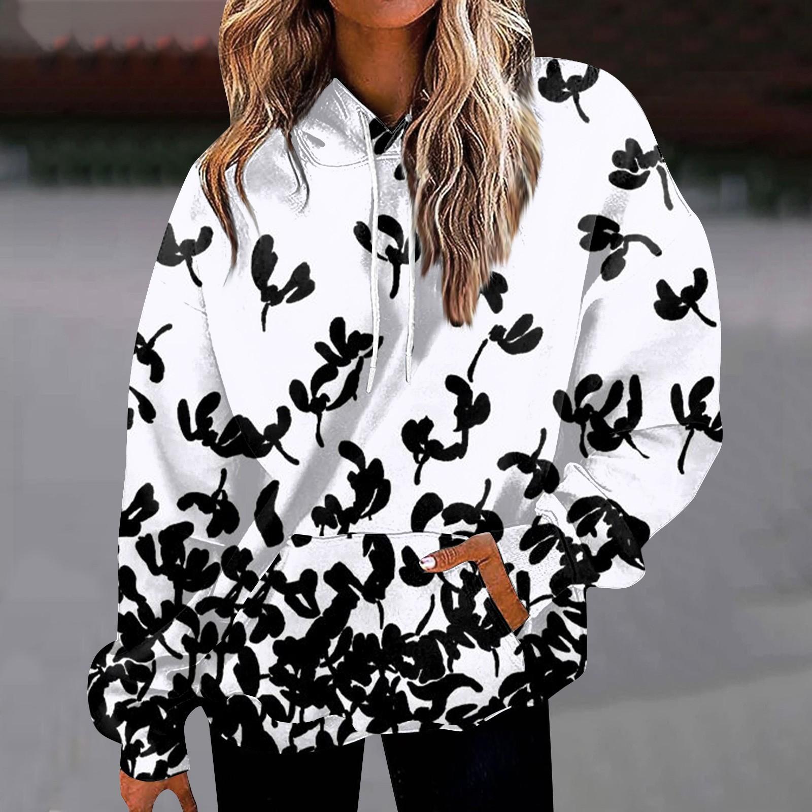 

Женская мода, свободная повседневная толстовка с длинным рукавом и цветочным принтом, толстовка с принтом листьев, топ XL белый