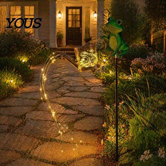 Nature Inspired Outdoor Ornaments Solar Frog Garden Stake Light, Watering Can Shadow Projection Lamp with Metal Landscape Lighting Waterfall LED, Yard