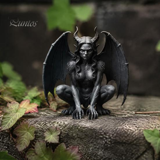 Halloween Gothic Decoration Gargoyle Figurine, Medieval Dark Winged Statue, Resin Retro Style Statue Horn Demon Ornament for Office Bookshelf