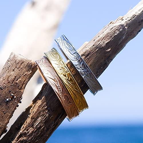 July Hawaiian Jewelry Ring, Thin, Plumeria Scroll Design, Curved Edge, Hypoallergenic, Surgical Stainless Steel, Insta Silver, Size 13