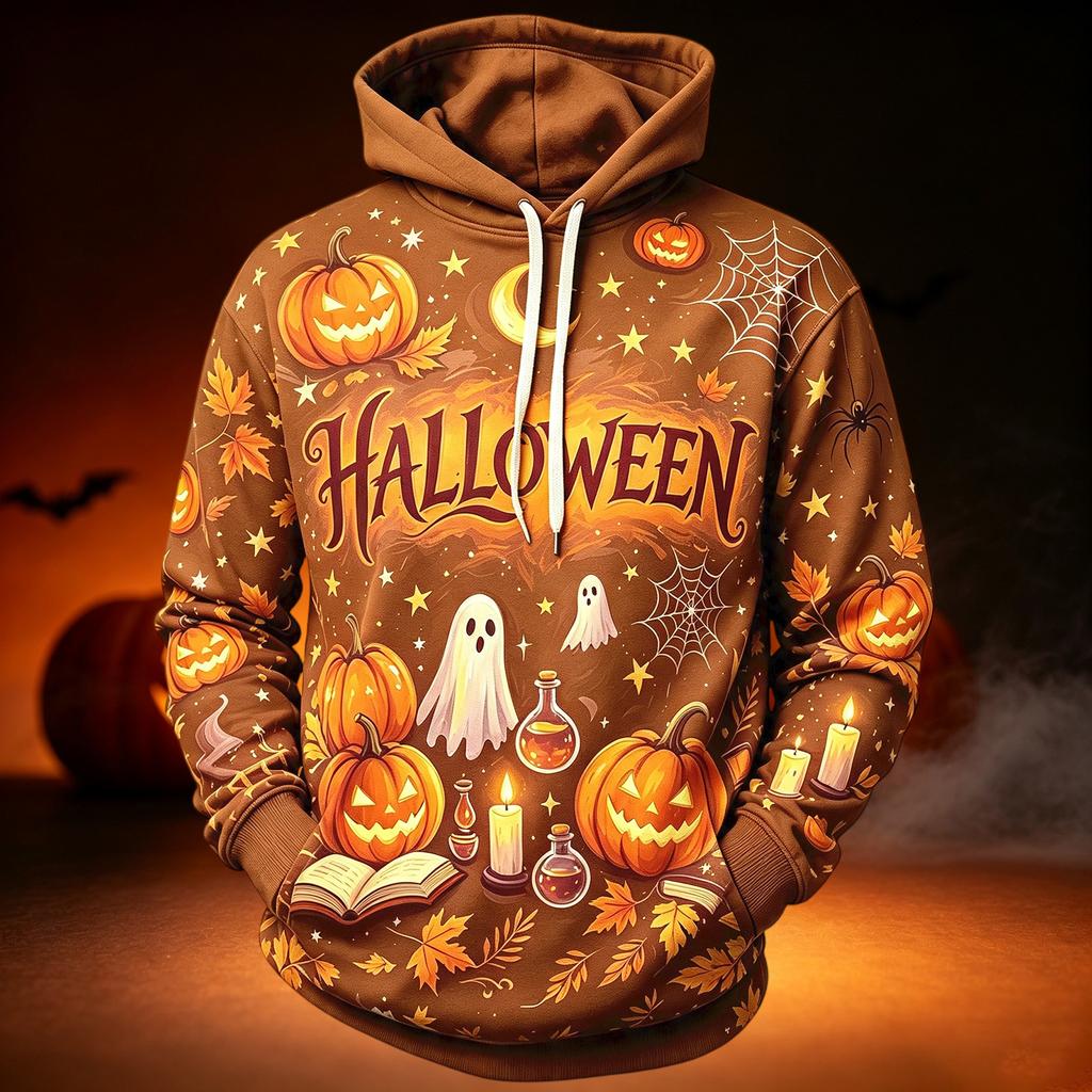 Men's Casual Hooded Long Sleeve Top with Halloween Print for Holiday Events