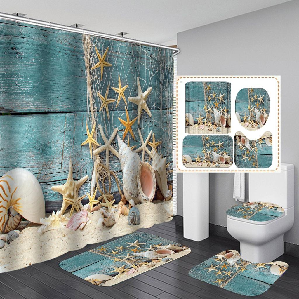4ks Beach Starfish Series Sady sprchových závěsů do koupelny Protiskluzové Koupelnové koberečky Víko WC Kryt Koupelnová předložka