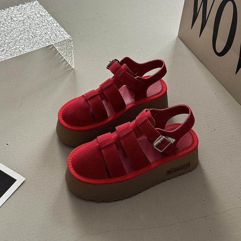 

Casual versatile heightening thick-soled bag head sandals women s summer fashion French casual simple with skirt outer sandals 35 красный