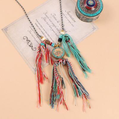 Ručně třené bavlněné lano Tibetský náhrdelník Thangka tyrkysový přívěsek retro ručně tkaný dlouhý třásnitý závěsný provázek