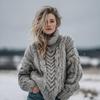 2025 Women's High Neck Jacquard Knit Sweater - Chunky European & American Style Pullover