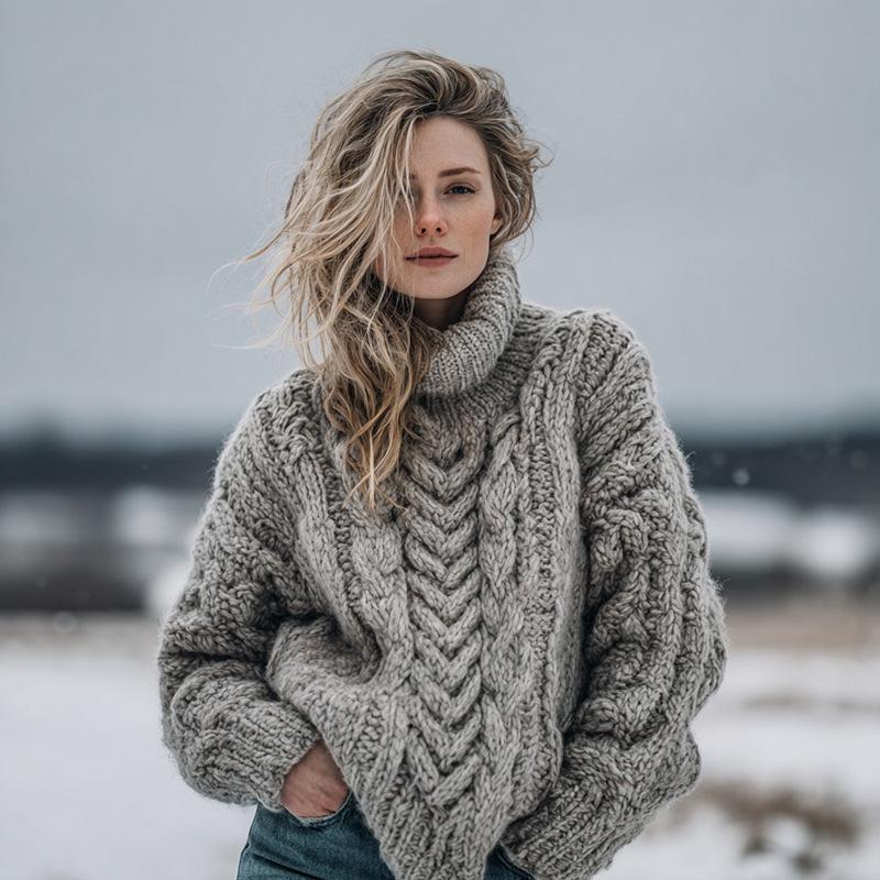 2025 Women's High Neck Jacquard Knit Sweater - Chunky European & American Style Pullover