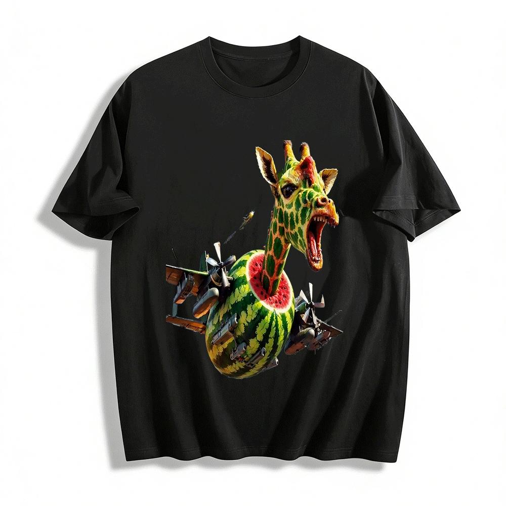 Weird Giraffe Watermelon Fighter Plane Graphic Print Tee Pure cotton T-shirt XXS
