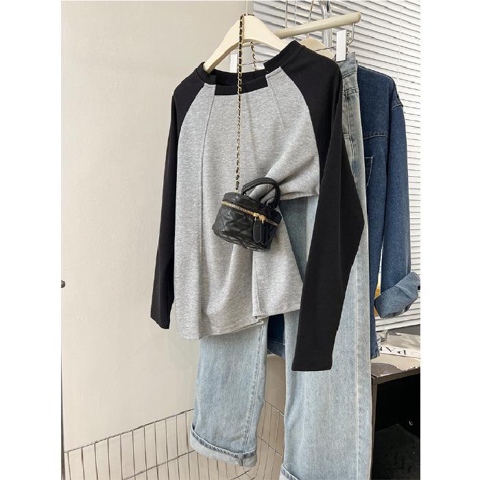 

Korean Style Retro Color Block Long Sleeve Women s Casual Top - Autumn/Winter Loose Fit 3XL сірий колір