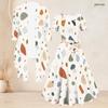 Women Plus Size Geometric Printed Two Piece Set Square Neck Short Sleeve Tie Waist Flared Dress And Three Quarter Sleeve Cardigan