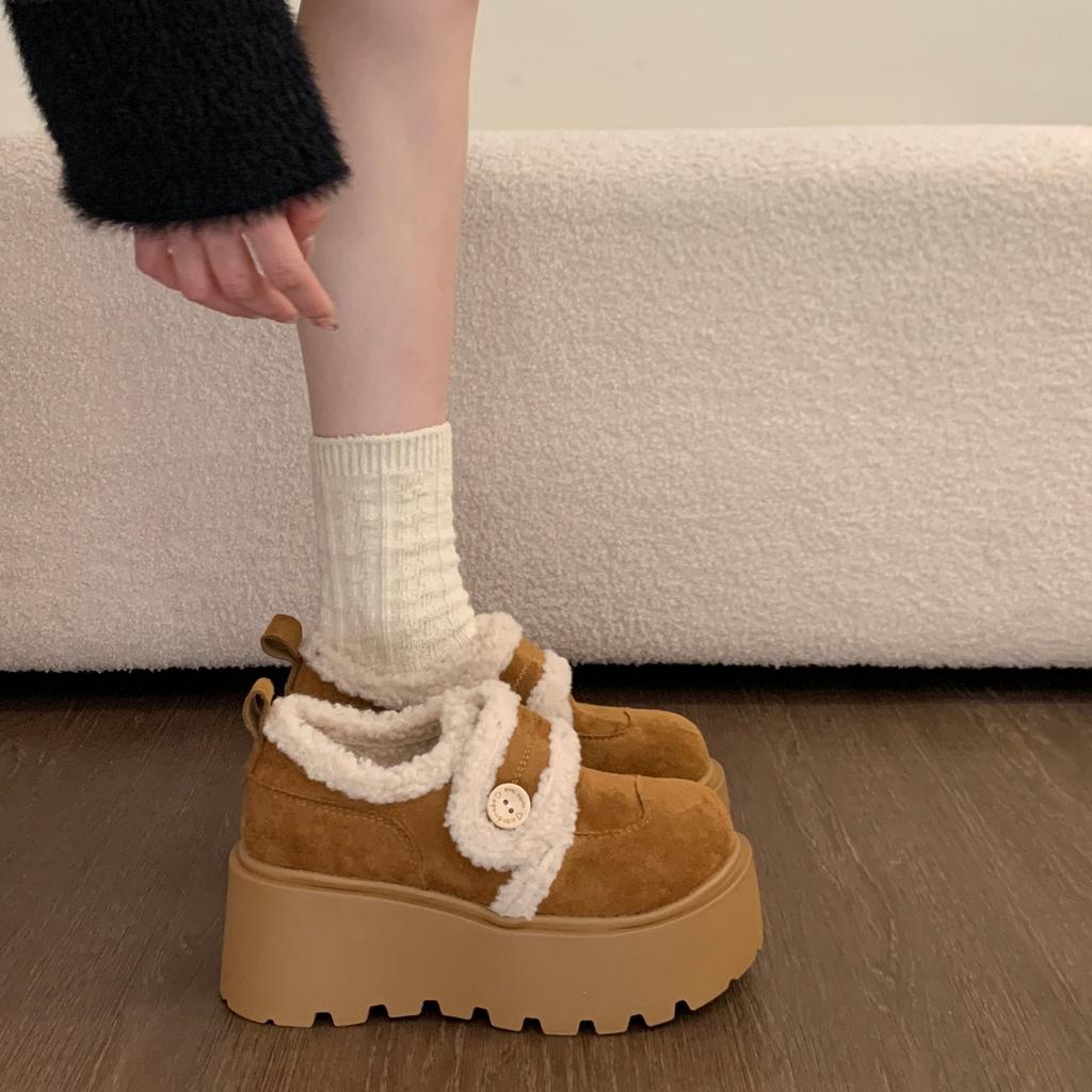Vintage Women Fur Lining Chunky Loafer Shoes Comfrot Warm Snow Shoes  Spring Height Increase Ladies Dress Slip On Shoes