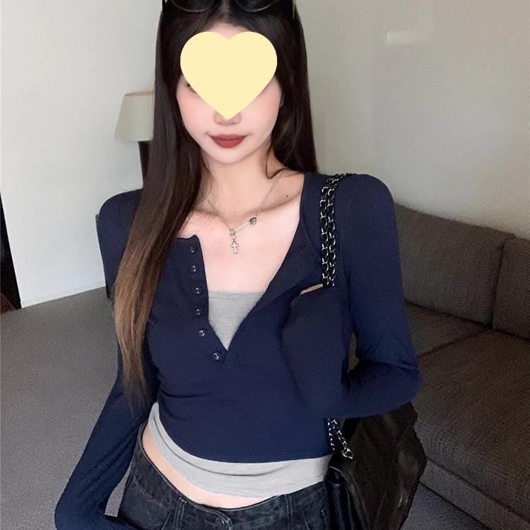 Retro V-Neck Slim Fit Layered Long-Sleeve Top for Women