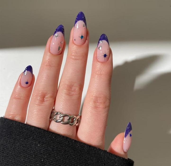 New 24 Nail Art Dream Stars Sparkling Diamonds Love Blue French Long Almonds Wear Nail