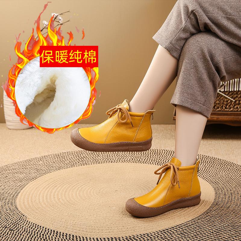 Fashion 2025 Winter Genuine Leather Boots Women's High Top Laced Up Flats Woman Warm Short Plush Boot Ladies Orthopedic Shoe Ankle Boots