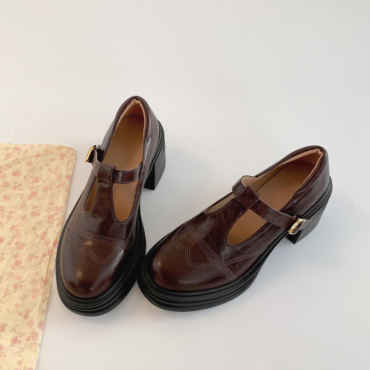 

Black French British style thick high-heeled small leather shoes women s 2025 new summer versatile skirt Mary Jane single shoes 39 коричневый