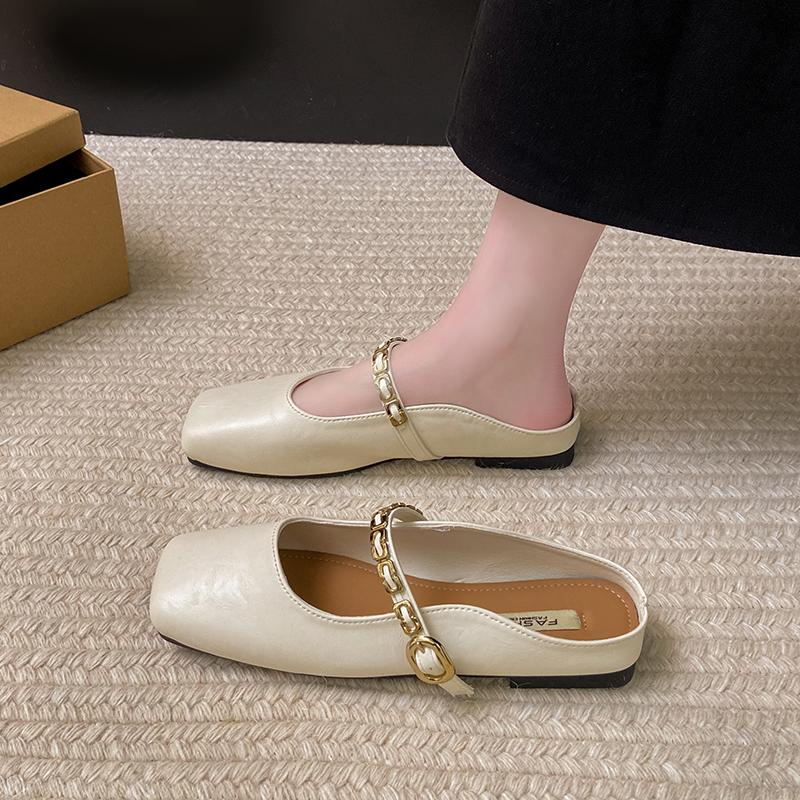 CRLAYDK Mules for Women Square Toe Buckle Flats Comfortable Slip On Shoes Leather Backless Loafers Lady Work Dress Slides