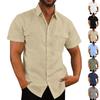 Summer men's linen shirt solid color pocket loose lapel casual cardigan short-sleeved t-shirt