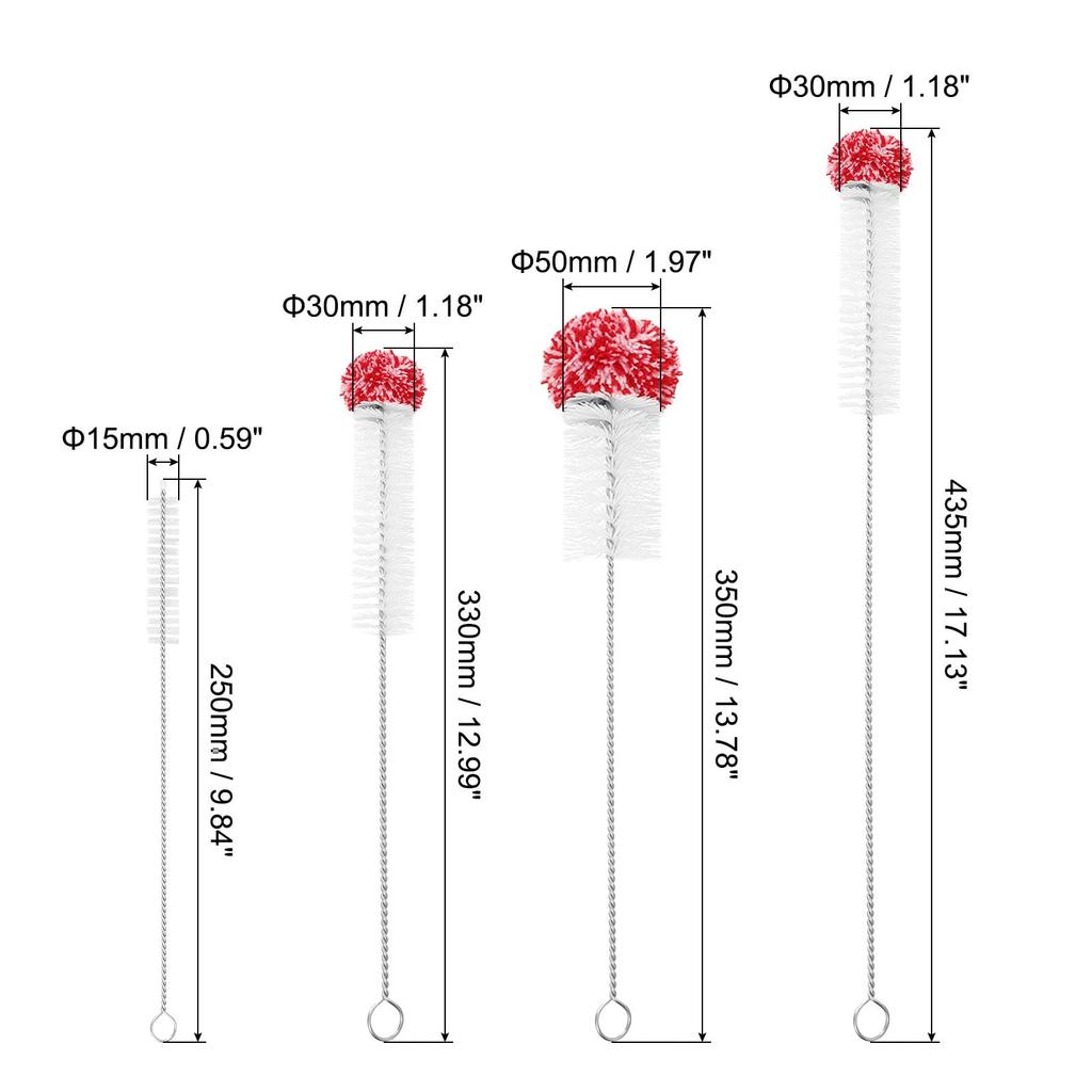 uxcell Water Bottle Brush Cleaner 304 Stainless Steel Handle Cup Brush with Cotton Ball Bottle Brush for Sink Bottle Kettle Beer Cup Red 4pcs