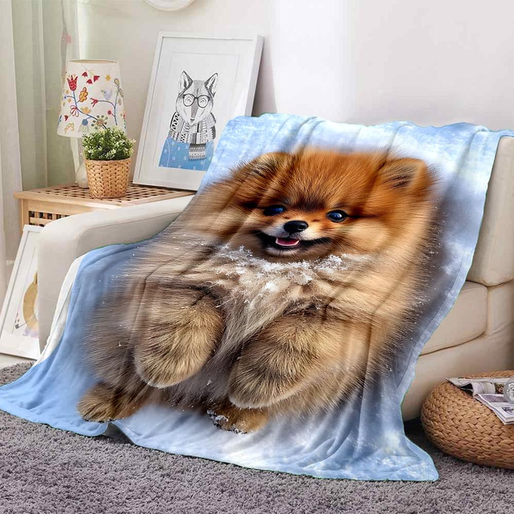 1Pc Pomeranian Snowy Scene Flannel Blanket, Soft And Comfortable, Casual Warm, Camping Travel, Christmas, Halloween Xmas Gift. Eg113