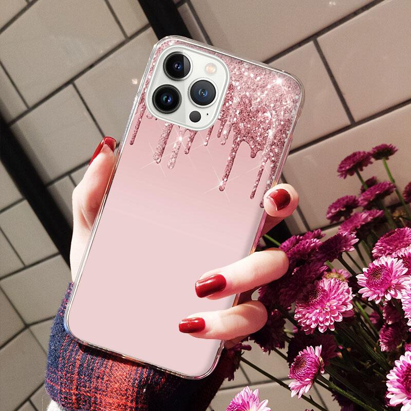 Handyhüllen für iPhone 14 12 11 13 Pro Max Hülle Silikon Funda für iPhone 13Mini X XS Max XR 8 7 14 Plus Tropfender Glitzer Pink
