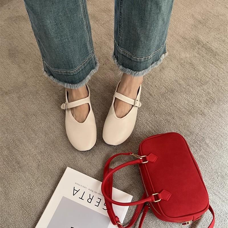 2025 Spring and Autumn New One-word Belt Mary Jane Single Shoes Women's Shallow Mouth Ballet Shoes Flat Red Small Leather Shoes