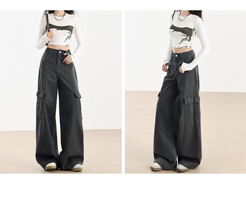 Women's High-Waist Fleece-Lined Wide-Leg Jeans, Retro Workwear Style for Autumn/Winter 2024