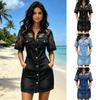 Damen Sexy Durchsichtiges Netz Patchwork Mini Jeanskleid, Kurzarm Knopfleiste Bodycon Kleid, Sexy Party Club Jeanskleid