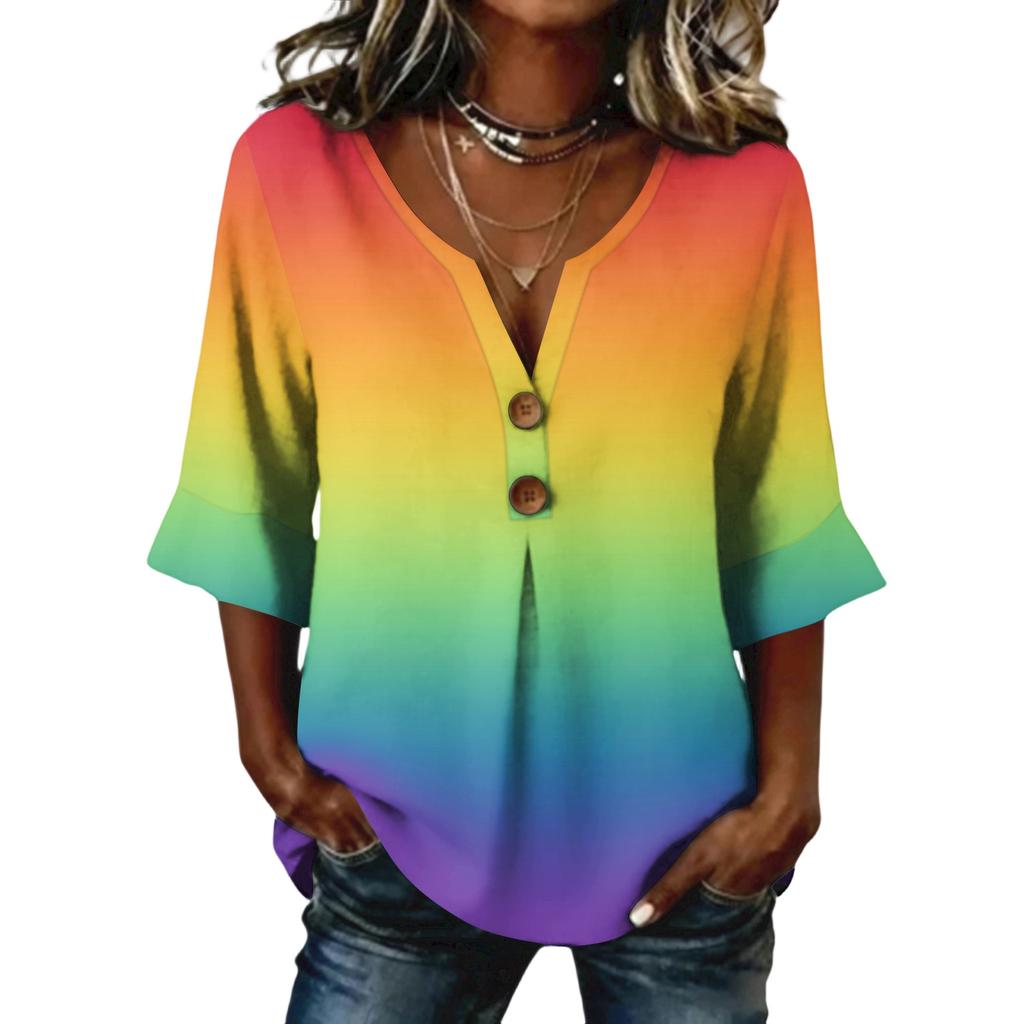 Ladies' gradient printed button casual V-neck fashionable seven quarter sleeve top
