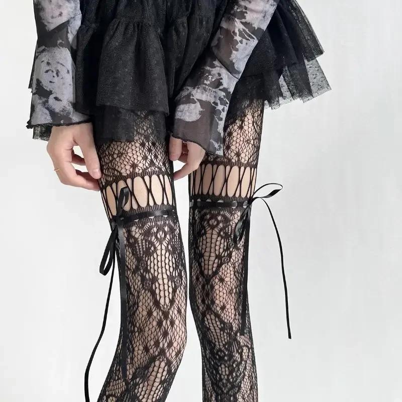 Y2K Fashion Gothic Flower Hollow Out Sexy Pantyhose Women Fishnet Bow Tie Ins  Girls Jk Tights High Elastic Hipster Leggings