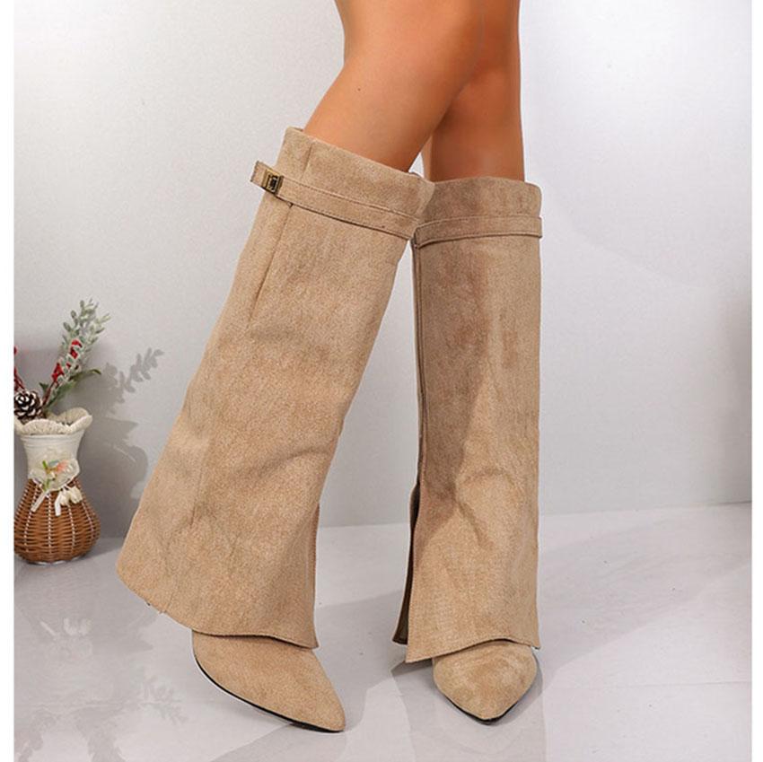 Winter Women's Pointed-Toe Suede Knee-High Boots Side Zip High-Heel Wide-Leg Pants Tube Boots Fashion Party Footwear