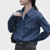 Women's Dark Blue Retro Denim Shirt Jacket – Small Size, Straight Shoulder, Perfect for Layering in Spring, Autumn, and Winter.
