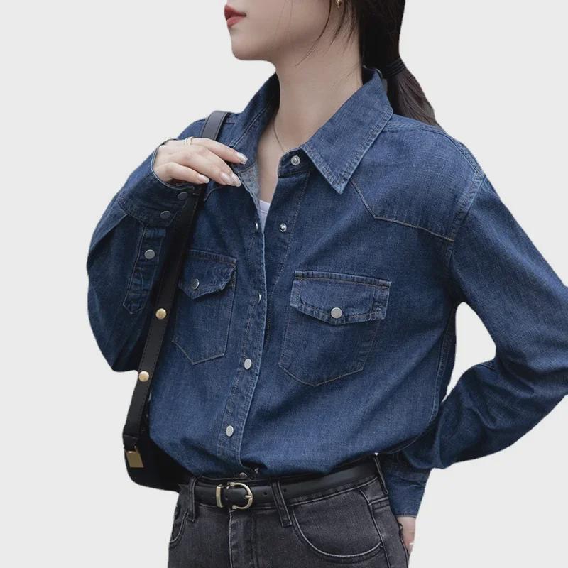 Women's Dark Blue Retro Denim Shirt Jacket – Small Size, Straight Shoulder, Perfect for Layering In Spring, Autumn, and Winter.