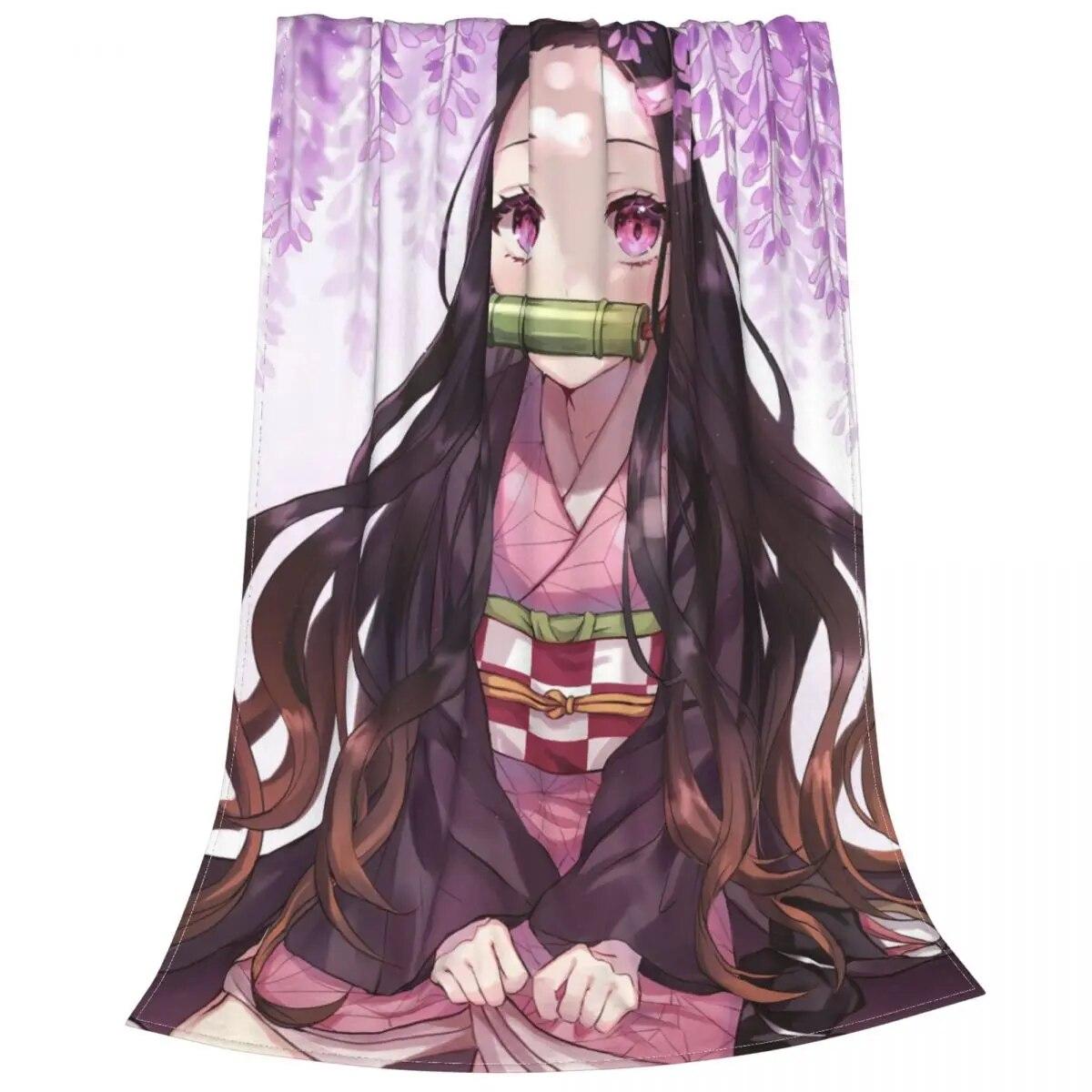 

Вязаные одеяла Demon Slayer аниме Kimetsu No Yaiba Kamado Nezuko Devil s Blade, фланелевое одеяло, домашний декор для дивана, покрывало 75x100cm 30x40inch