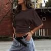 2026 Summer Pleated Solid Color Round Neck Slim-Fit Women's Short-Sleeve T-Shirt