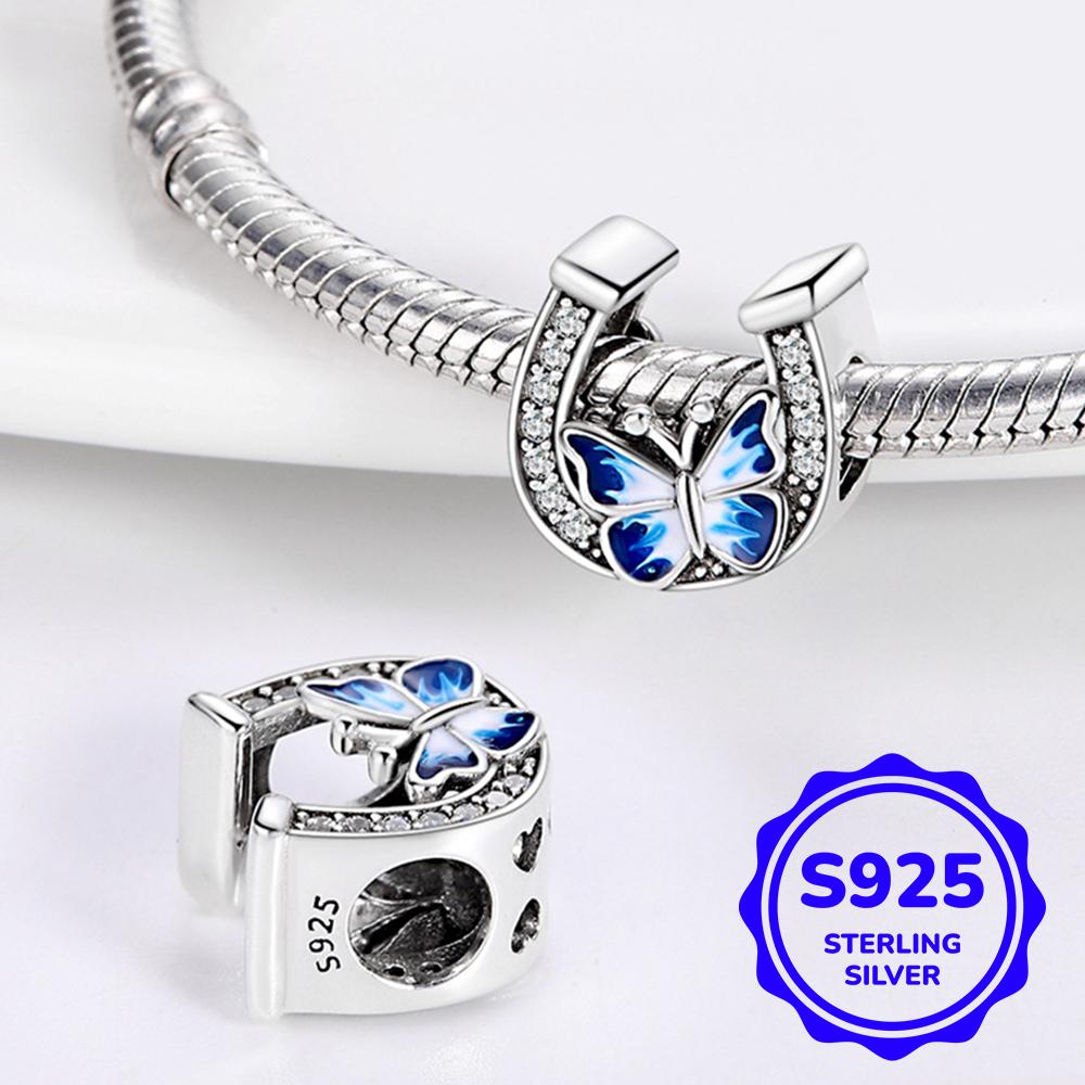 Original Copper Charms Luxury Horseshoe Blue Butterfly Pendant Beads Fit Bracelet Diy Women Making Delicate Gift