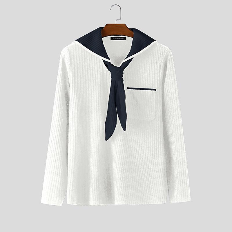 INCERUN Men Sailor Collar Long Sleeve Stitching Autumn Rib Knitted Pullovers Tops